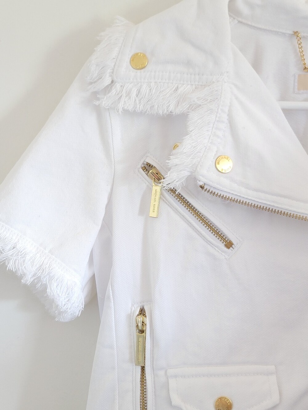 Michael Kors White Short-Sleeve Frayed Moto Denim Jacket Sz M MSRP $175.00 - Picture 4 of 11